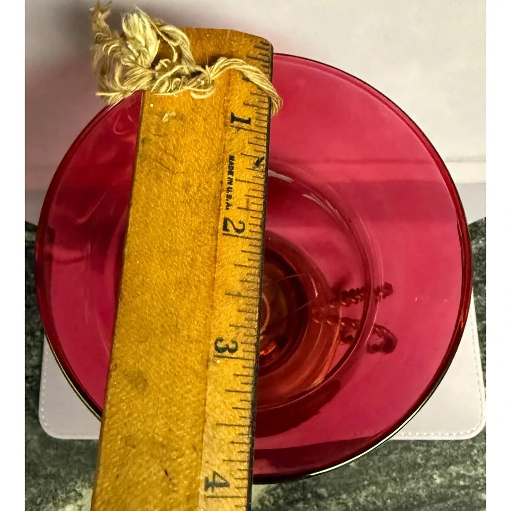 Vintage Cranberry Color Etched Glass Hurricane Candle Holder Brass Base 9.5